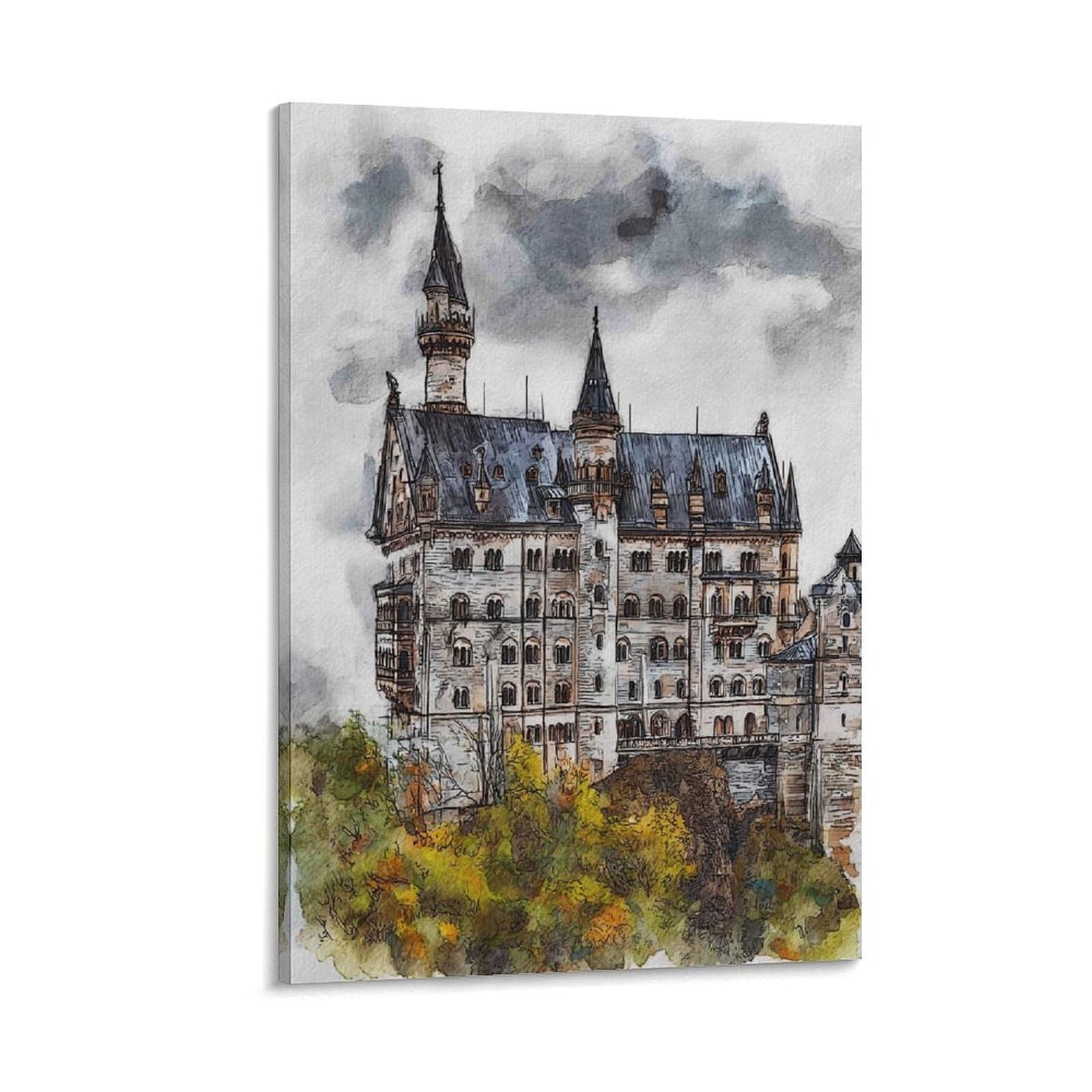 Lcynnh Frame-Style Schwangau Neuschwanstein 20X30inch(50X75cm) Vintage Travel Poster Watercolor Canvas Art