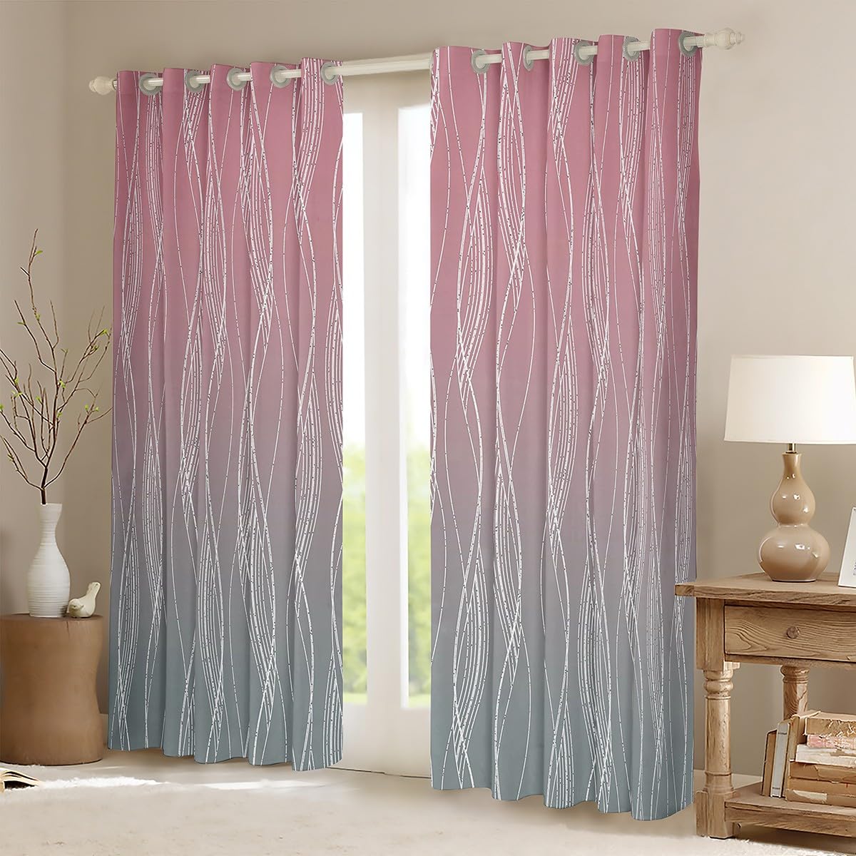 Homewish Pink Grey 46" Wx54 L Window Curtains For Girls Room Abstract Ombre Curtains & Drapes Light Pink Gray Gradient Blackout Curtains Geometric Silver Striped Window Treatments 2 Panels - Image 2