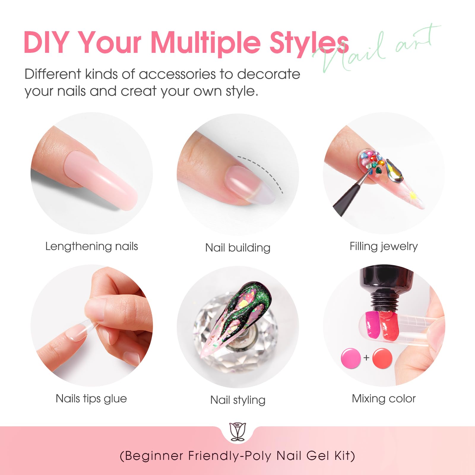 ROSALIND Kit Ricostruzione Unghie Gel Completo, Kit Unghie Gel Completo con Mini UV/LED Lampada, 14 Colori poligel per Unghie con Base y Top Coat per Principianti