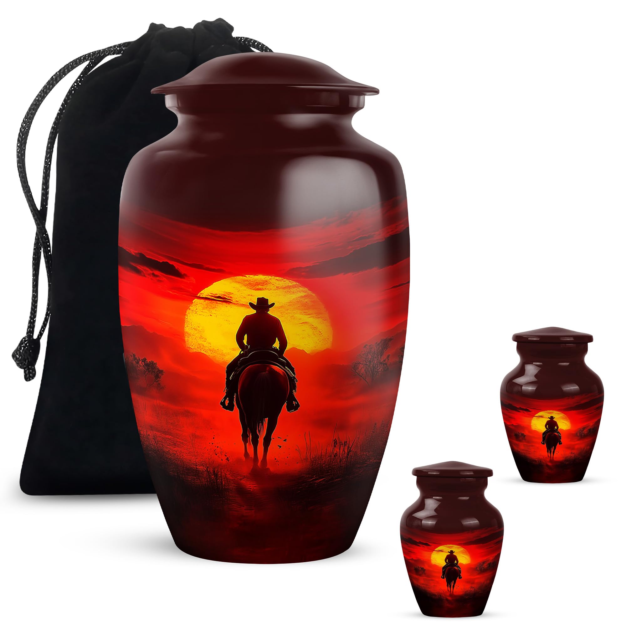 Cowboy Cremation Urn - Large &amp; Small Urns for Human Ashes Adult Male - Urn for Ashes for Women - Cremation Urns for Human Ashes (Combo - 10" &amp; 3", 3 Pcs)
