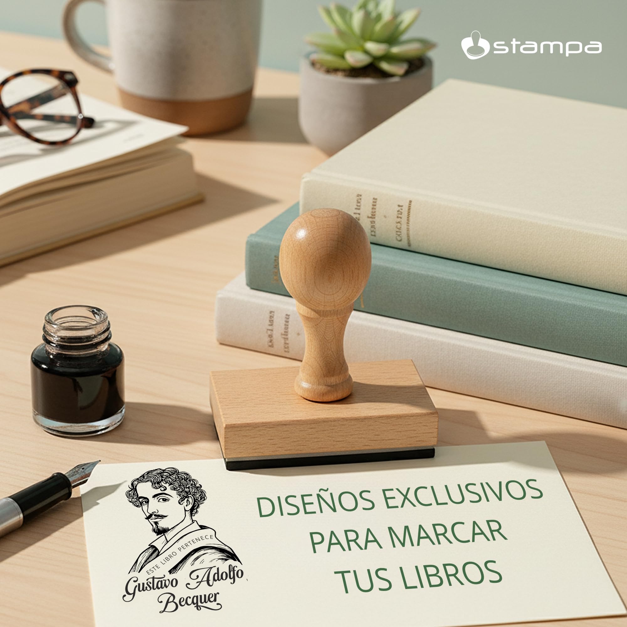 EXLIBRIS PERSONALIZADO para Libros – Sello Exlibris con Nombre “Este libro pertenece a” – Sello Biblioteca – Temática Escritores: Cervantes, Bécquer, Edgar Allan Poe – Literatura Clásica – STAMPA