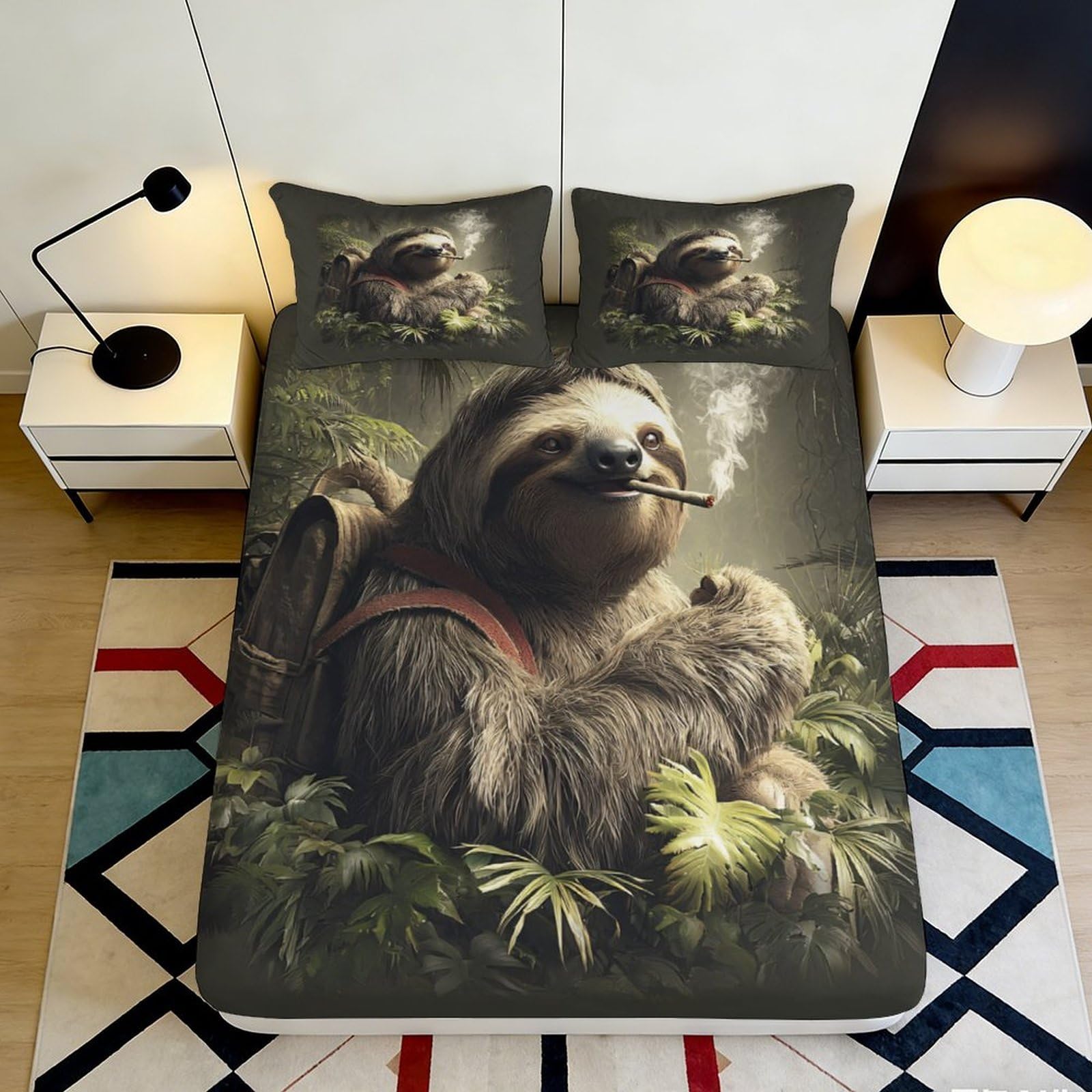 Pnayamiorkfel Style-6 3D Printed Smoking Sloth Fitted Sheet Microfiber Jungle Backpack Bed Cover For Bedroom Dorm Mattress Decor 90X200x25cm