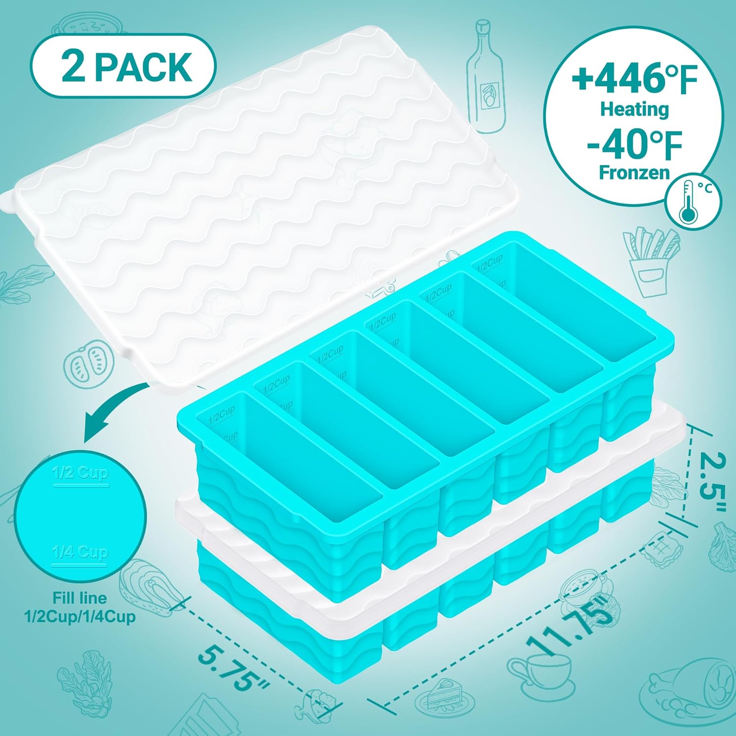1/2 Cup Silicone Freezer Molds with Lid, 2-Pack Silicone Freezer Trays for Soup, Sauce & Broth – Meal Prep Containers, Large Ice Cube Tray, Oven & Dishwasher Safe - Image 2