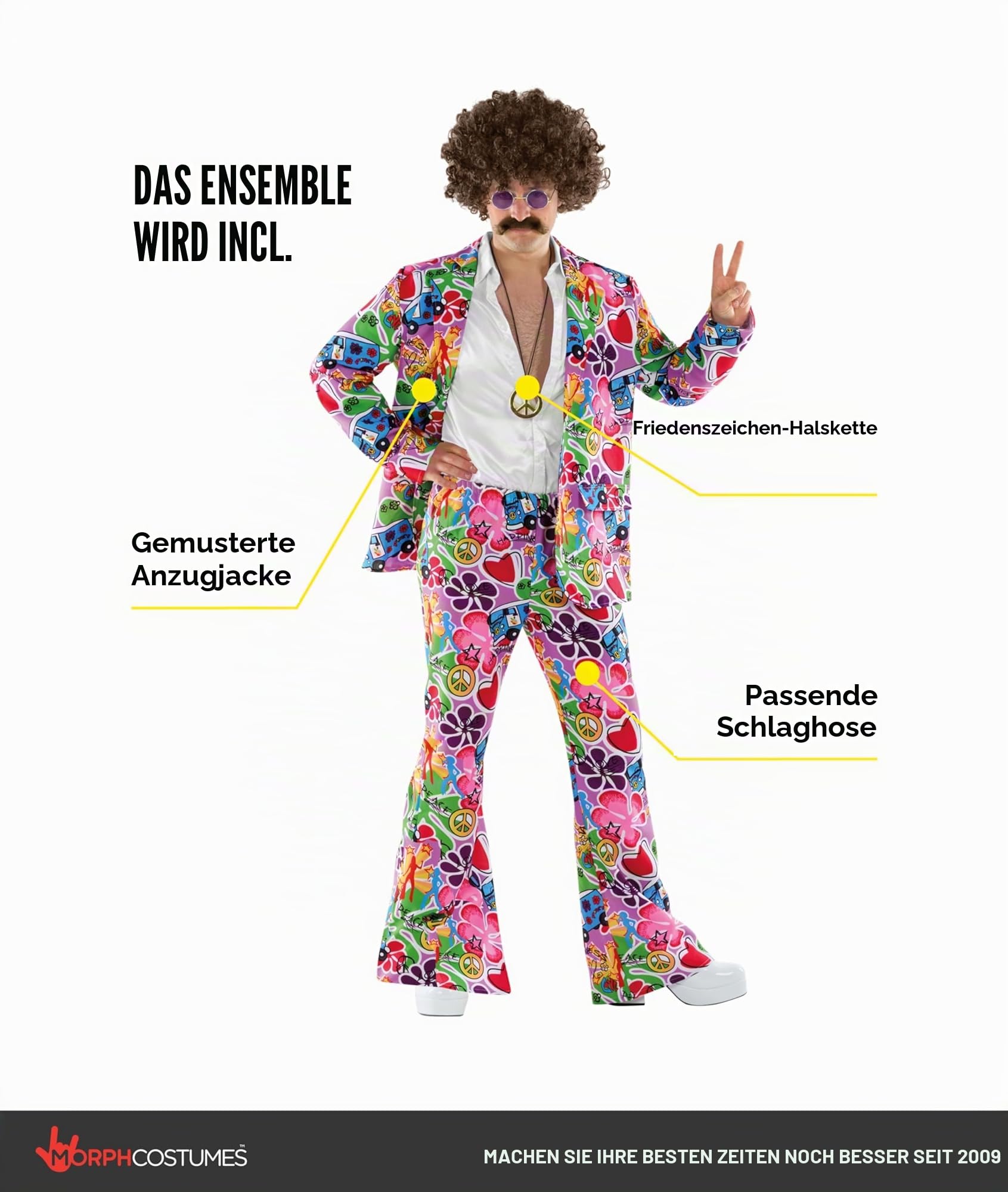Fun Shack Hippie Kostüm Herren, 70er Jahre Outfit Herren, Kostüm 70er Jahre, Hippie Anzug, Schlagermove Outfit Männer, Faschingskostüme Männer, Karneval