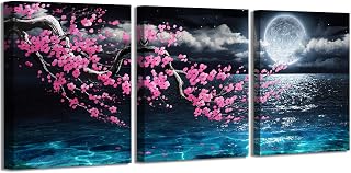 Canvas Art Wall Decor Framed Wall Art Plum Blossom Moon Ocean Art Prints Wall Decor for Bedroom Modern Wall Pictures for Bathroom 3 Pieces Wall Decorations for Home Kitchen Size 12x16 Each Panel