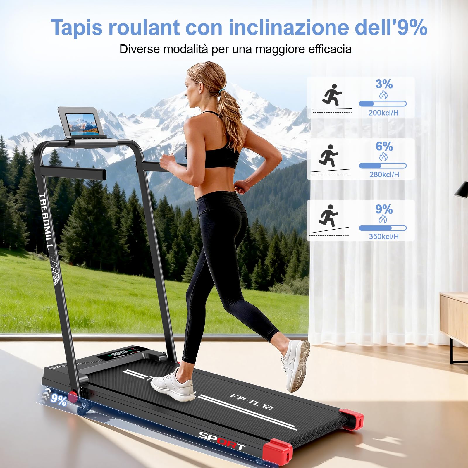 Cinta de Correr, 5 en 1 - Motor de 3 HP, 1-14 km/h - con Pantalla LED/Mando a Distancia - inclinación máxima del 9% - Soporte para iPad/teléfono móvil.