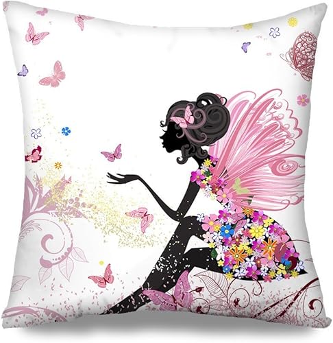 HGOD DESIGNS Funda de cojín con diseño de hada de flores con elfos rosados y mariposas, funda de cojín decorativa para el hogar, sofá, dormitorio,