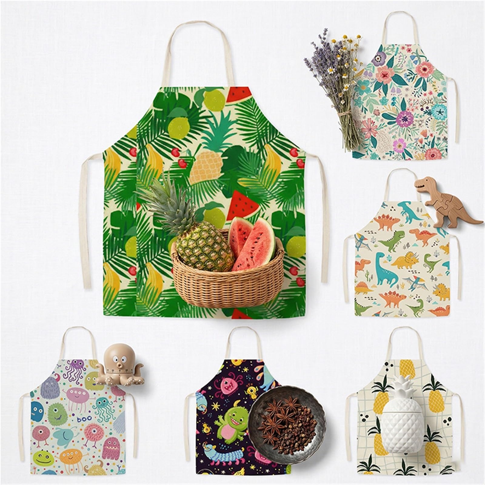Grembiule da cucina floreale con frutta tropicale, 5 pezzi, for donna, uomo, lino, cottura, bavaglino, pulizia, Tablier Delantal per Barbecue Ristorante