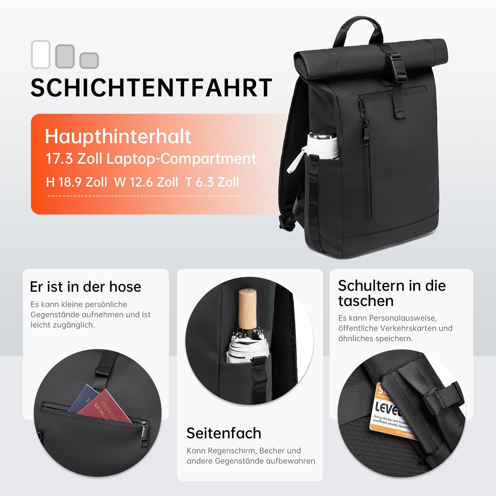 Rolltop Rucksack Herren, Wasserdicht Business Laptop Rucksack 16 Zoll | YKK Reißverschluss, Separates Laptopfach, Handgepäck, Für Damen & Reisen