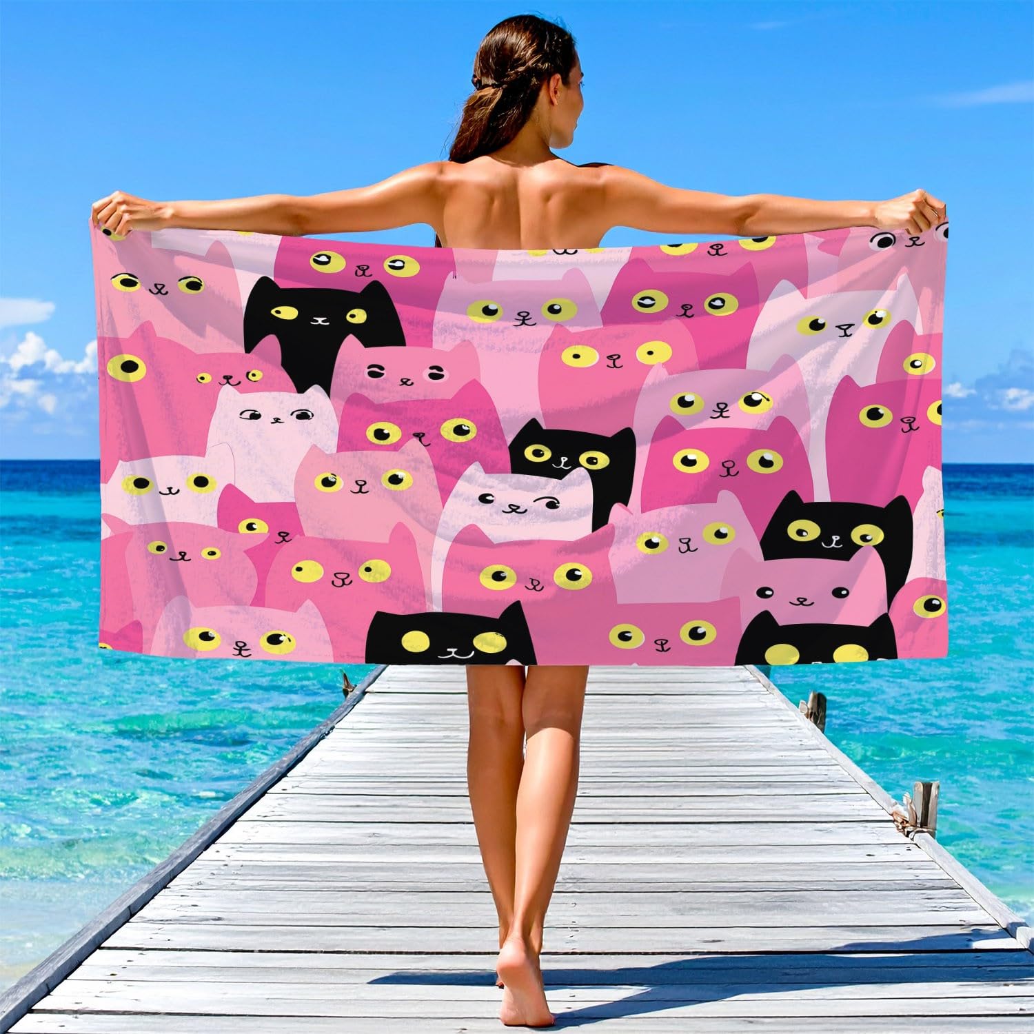 Générique Serviette de Plage Microfibre 200 x 100 CM,Drap de Plage Espiègle, Mignon, Dessin animé, Couverture de Plage Absorbante,Couverture de Bain Chat Rose