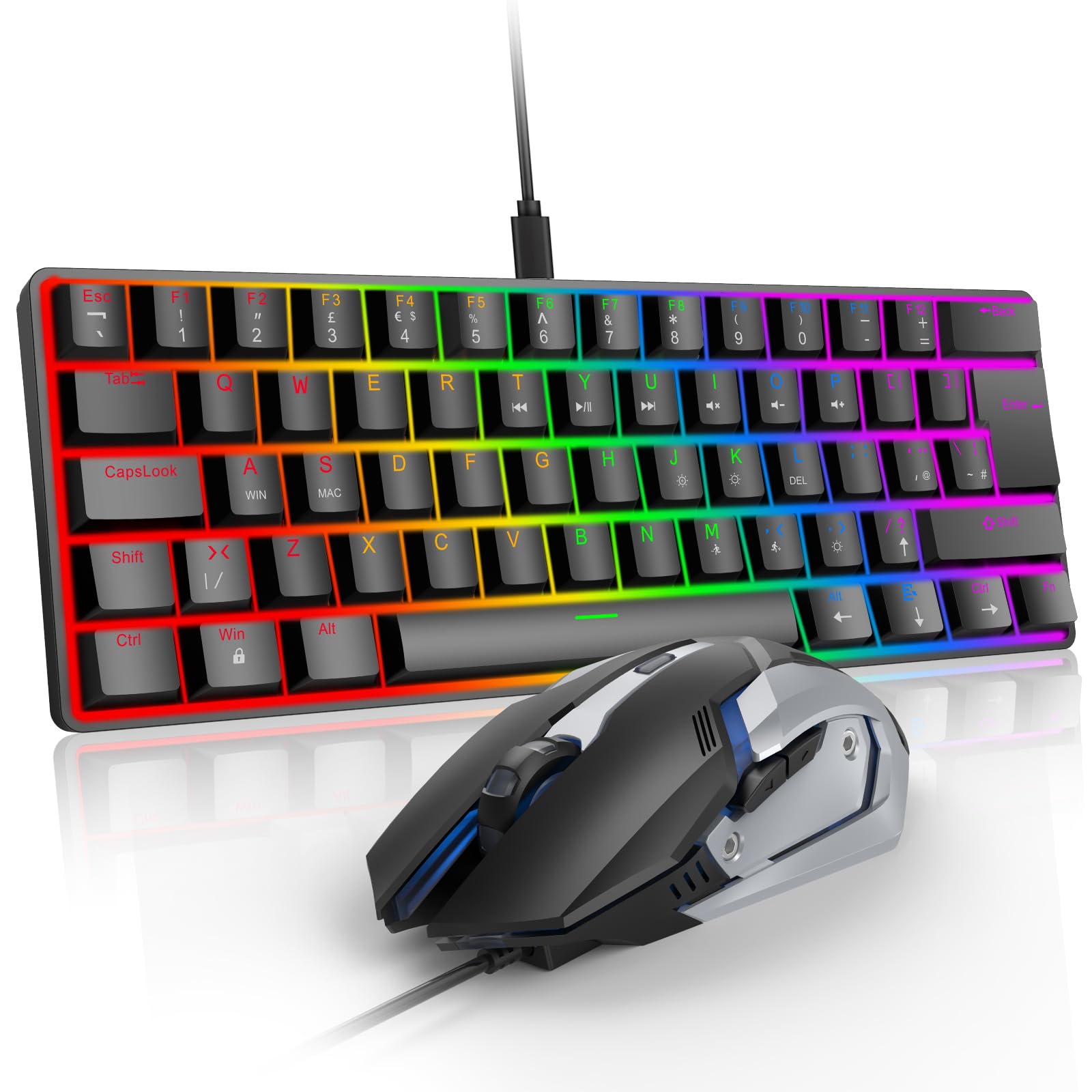 SOPPY Compact 60% Gaming Mechanical Keyboard and Mouse Combo, RGB Backlit 61 Keys Compact Keyboard, USB Ergonomic Office Wired Keyboards for PC/Laptop/Windows/PS4/Xbox/Mac, Red Switches (Black)
