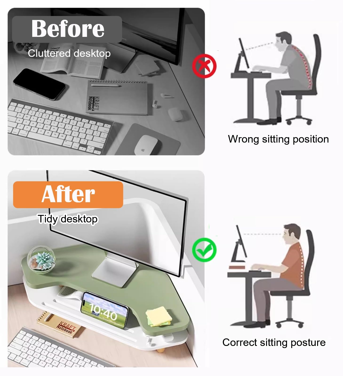 Supporto Monitor Supporto per Monitor Angolare a 2 Livelli Verde Bianco, Supporto per Monitor da Scrivania in Legno con Supporto per Cellulare, Ripiani per Computer/schermi/Laptop