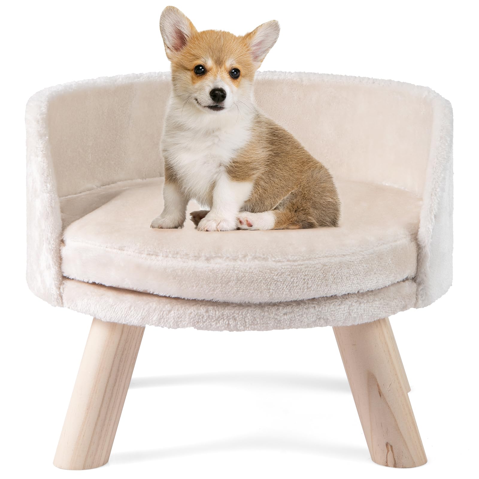 COSTWAY Canapé Lit pour Chien Chat Charge 30 kg, 4 Pieds en Bois de Pin, Coussin Amovible, Panier pour Chien Chat Petits, Dossier Haut, Installation Facile, 42 x 42 x 33 cm, Beige