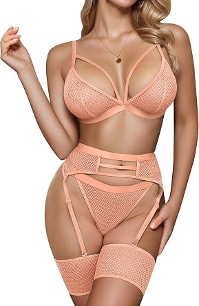 popiv Womens Sexy Lingerie Set with Garter Belt Matching Bra and Panty Lingeries Sets 4 Piece