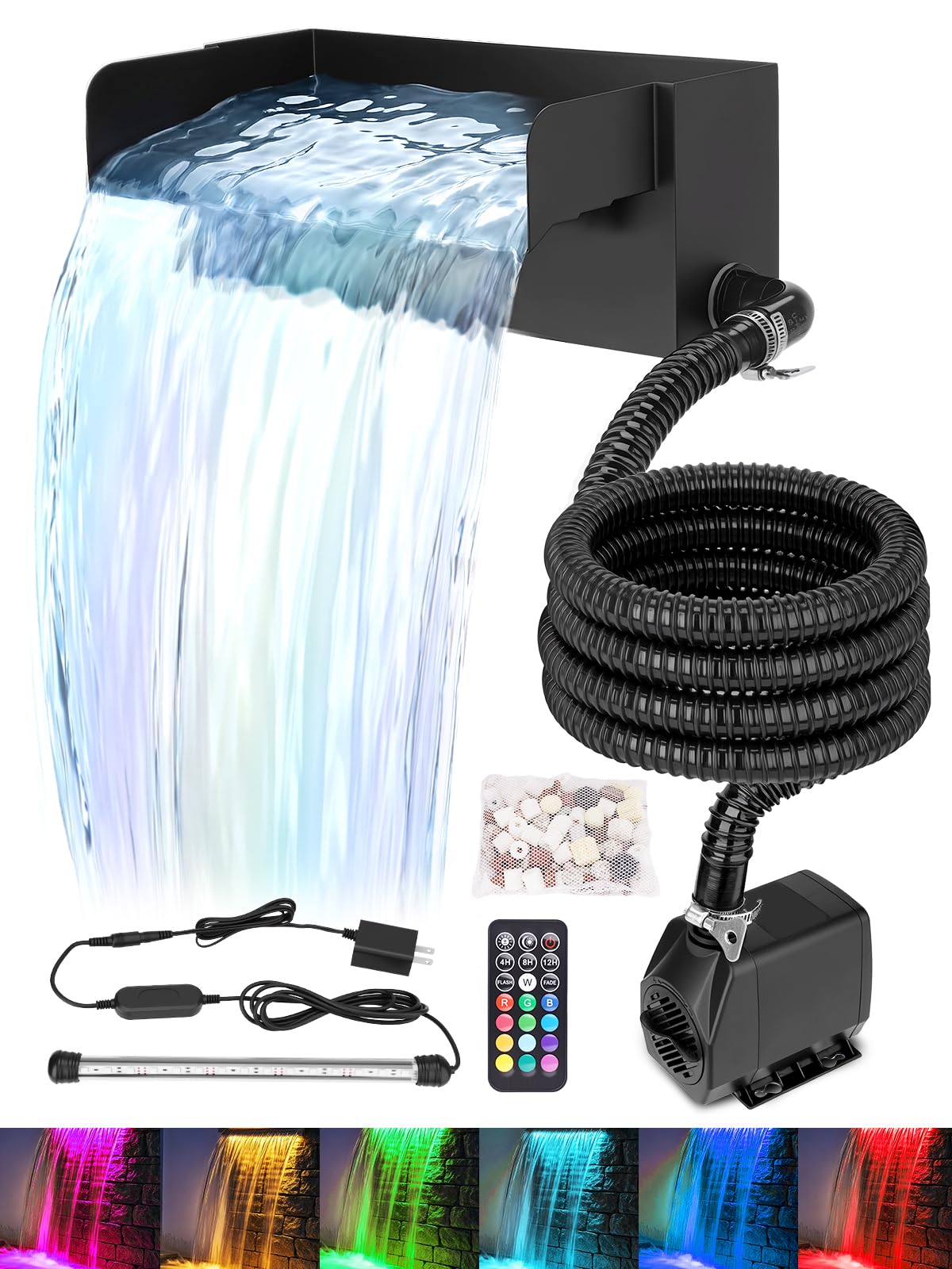 Kit cascata per laghetto con luci a LED e pompa filtrante da 45 W, in acciaio inox 304 da 30,5 cm con pompa dell'acqua da 45 W, 880 GPH, fontana a cascata per esterni