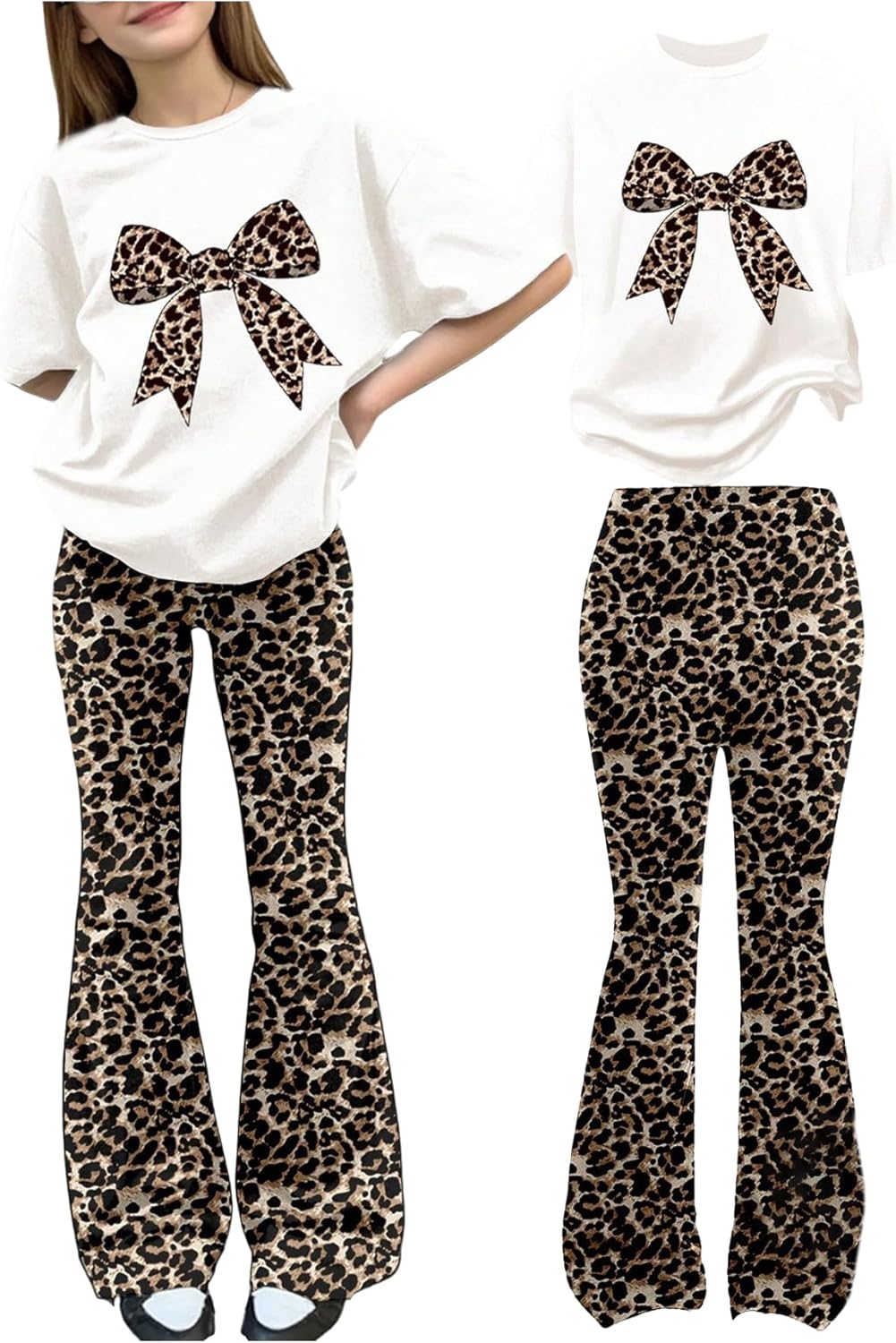 WDIRARA Girl's Leopard Print 2 Piece Outfits Bow Short Sleeve Tee Flared Pants Set