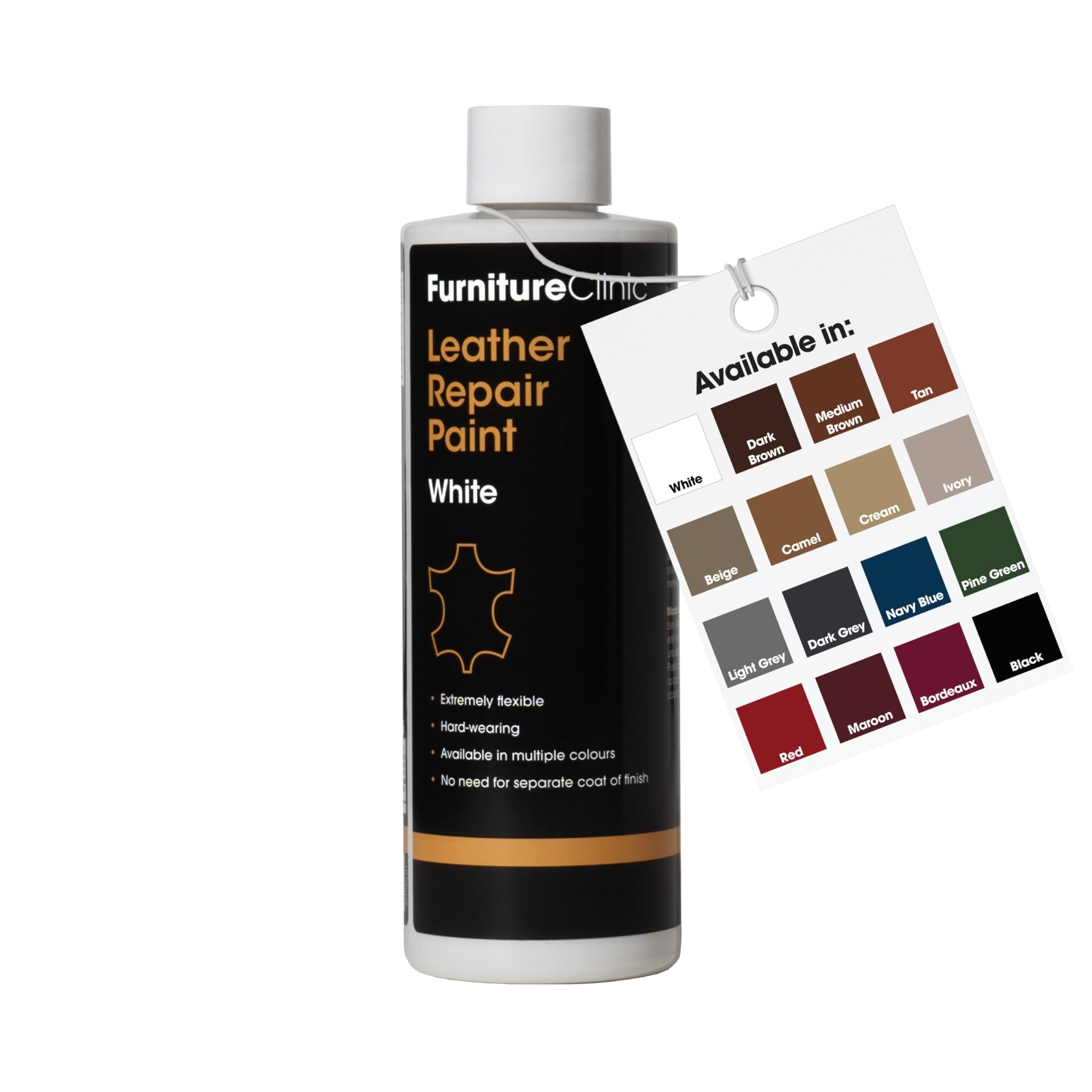 Furniture Clinic Leather Repair Paint & Dye | Self Seal Colourant for Quick and Easy Leather Repair | Suitable for Sofas, Car Seat, Shoes, Handbag, and More - White, 500ml