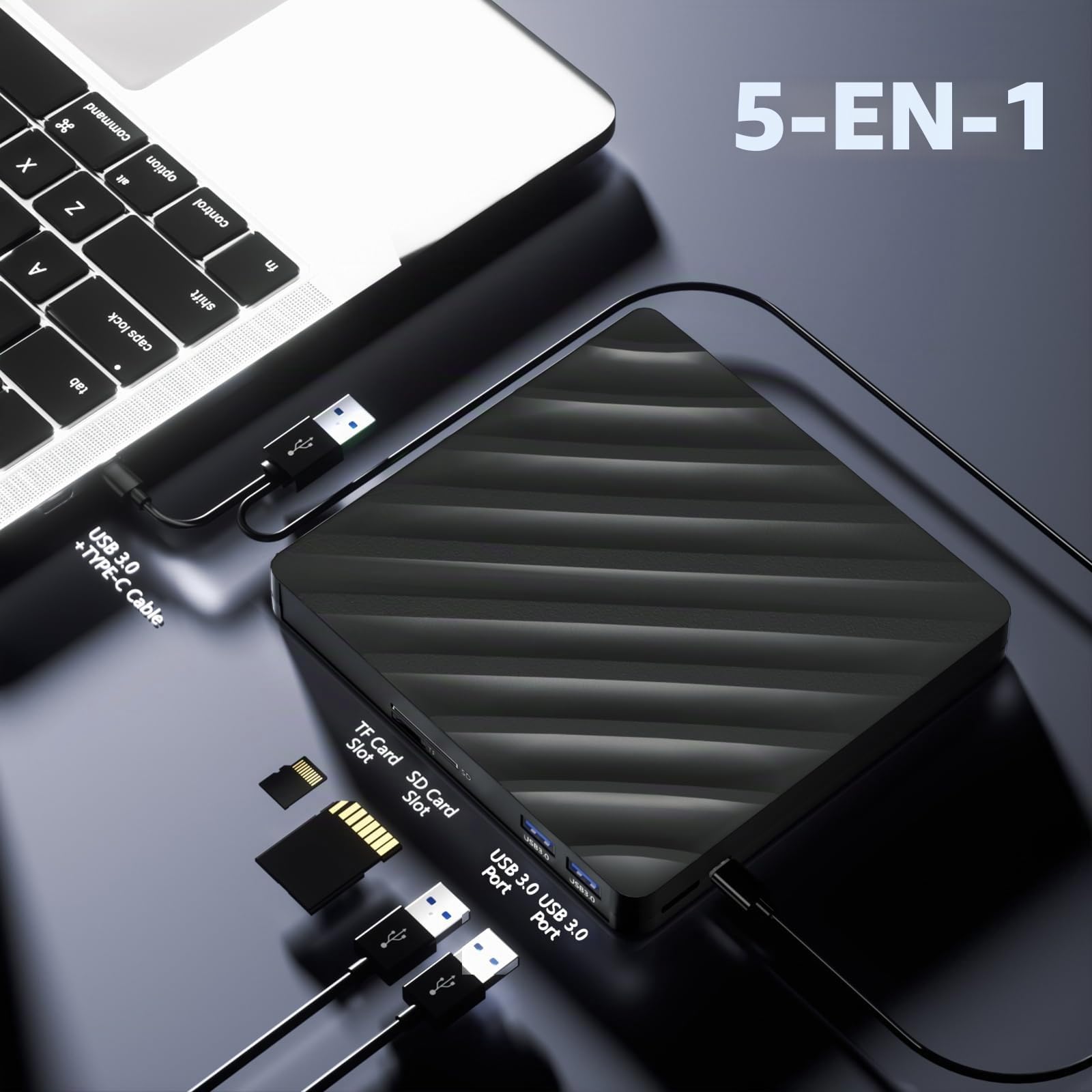 Wbacon Lecteur Blu-ray externe 5 en 1, USB 3.0 Type-C Slim Optical External Bluray DVD Graveur avec lecteur de carte SD/TF 2 concentrateurs USB 3.0 Compatible avec Windows XP/7/8/10 MacOS MacBook