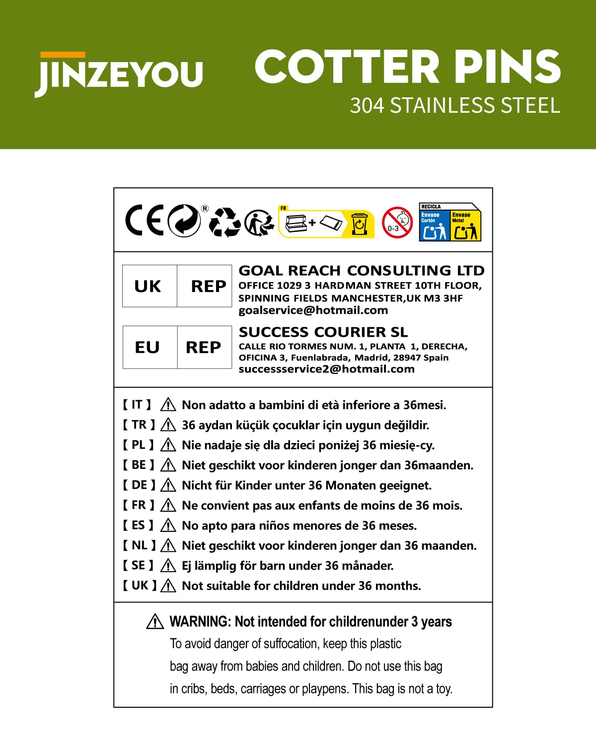 310 Pz Coppiglie Acciaio Inox, Coppiglie Spaccate Cotter Pins, Perni Divisi, Copiglie di Sicurezza Acciaio Inox per Autocarri, Trattori, Tosaerba, Auto, Camper, Meccanici, Garage, Officina