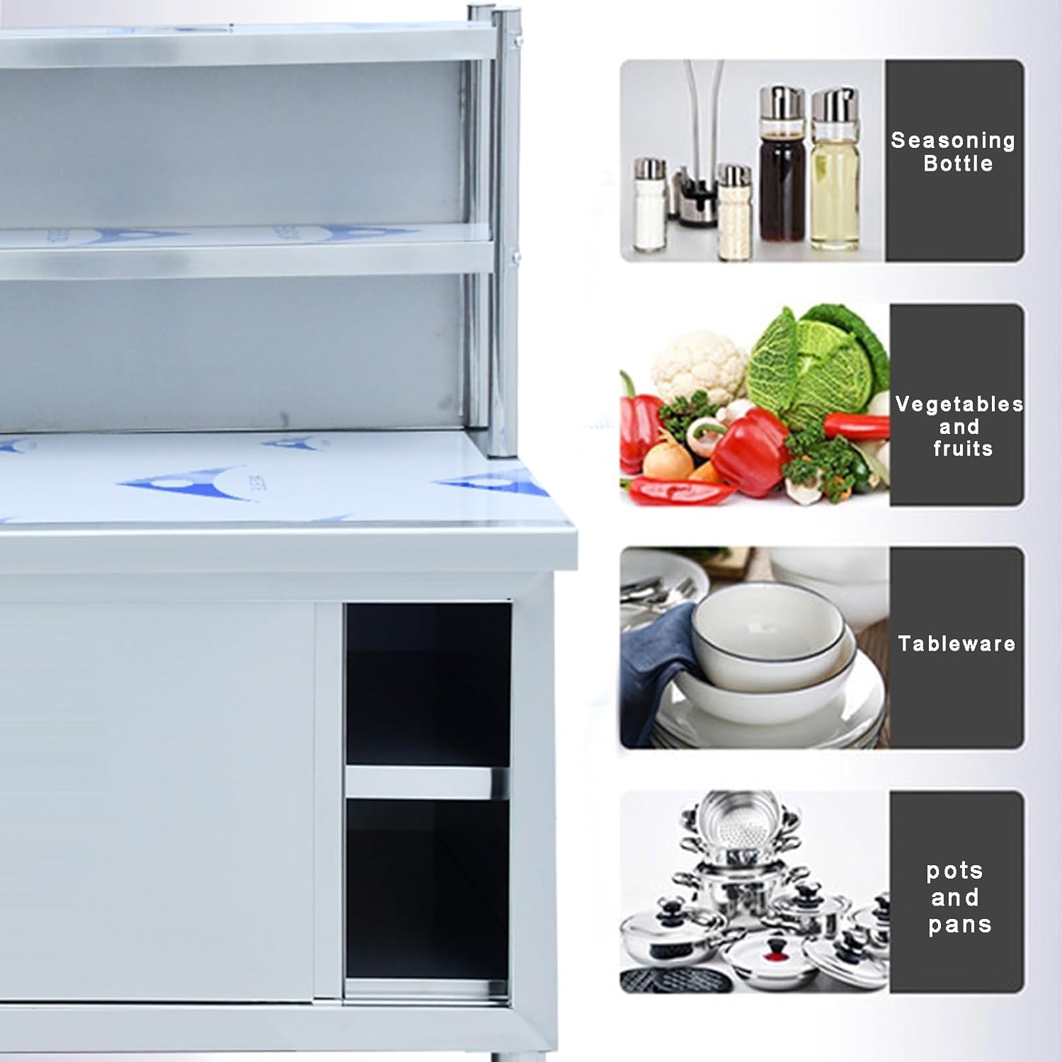 Stainless Steel Table 2 Tier Shelf Thickened Stainless Steel Double Sliding Rail Sliding Door Load 250kg Water Proof Stainless Tables