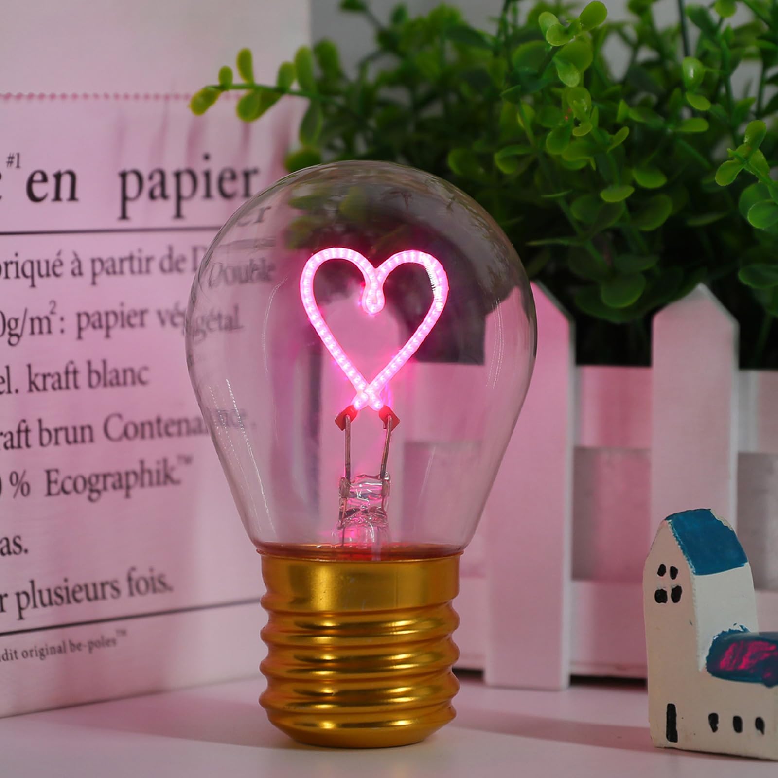 ENUOLI Edison Light Bulb with Heart Motif,Creative Heart LED Rechargeable Lights for Bedroom, Funny Decoration Lamp,Wireless Table Lights,Fashion Atmosphere Light,Rechargeable Lamps Pink-heart