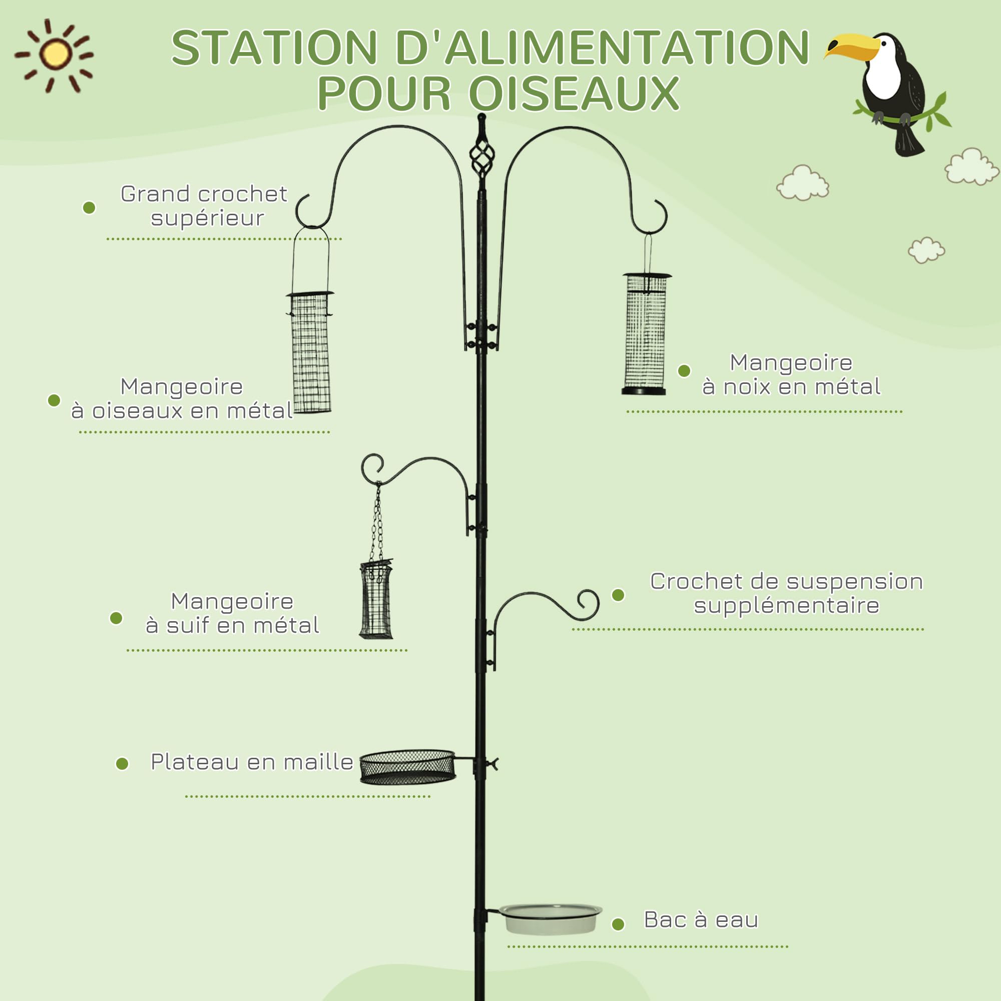 PawHut Station d'alimentation pour Oiseaux en Acier avec 4 Crochets, Mangeoir sur Pied 208H cm, Noir