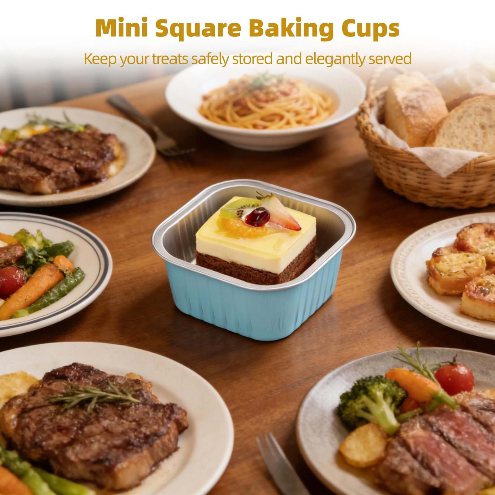 100 Stk Mini-Quadrat-Backförmchen aus Aluminiumfolie mit Deckel, Einweg-Ramekins und Cupcake-Formen, einzelne Dessertbehälter für Partys, Hochzeiten, Geburtstage, Blau