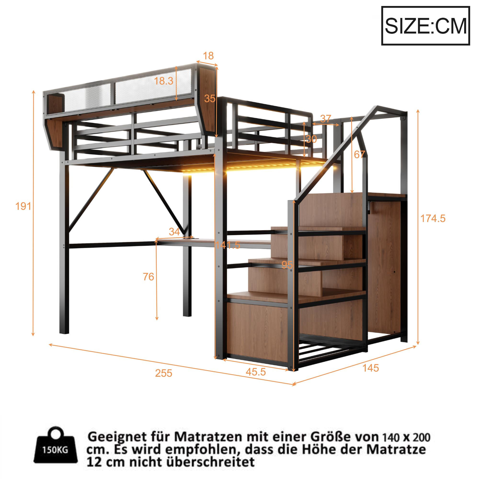 Lcoho Hochbett (140 x 200 cm), Metallbett, langem Schreibtisch, Sicherheitsleiter und flexiblem Stauraum – universelles Metallbett für Erwachsene und Kinder – Schwarz