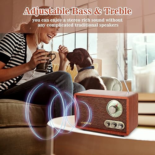 Miniatura 5 de LoopTone Radio vintage AM FM multifunción USB SD con altavoz Bluetooth, radio de mesa de madera retro para cocina, sala de estar con perilla