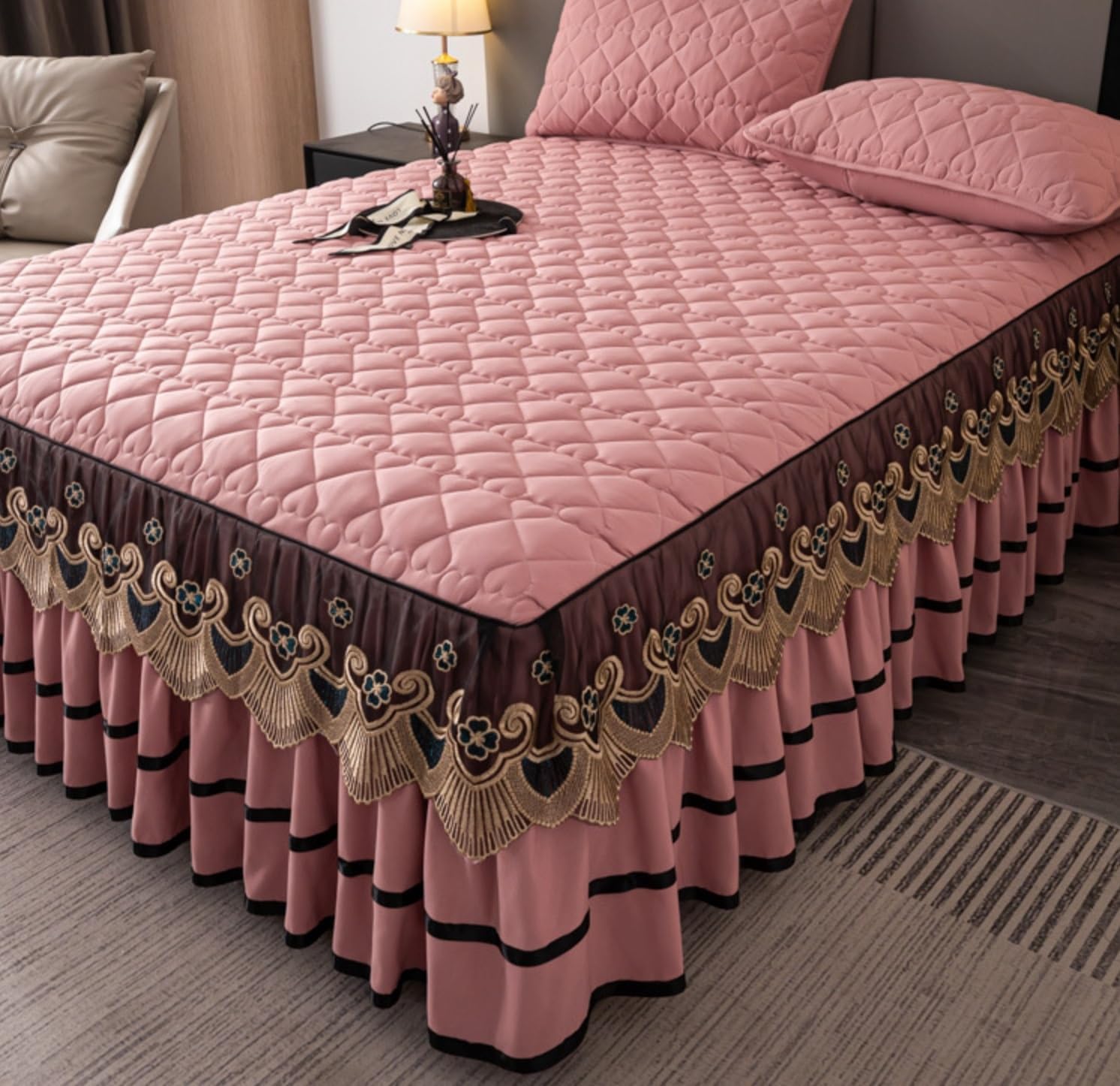 Soybean Fiber-Filled Thickened Bed Skirt and Quilted Bedspread,Three-Sided Puffed Hem, Includes Stretch Fitted Sheet(CD007Blue 3,King)