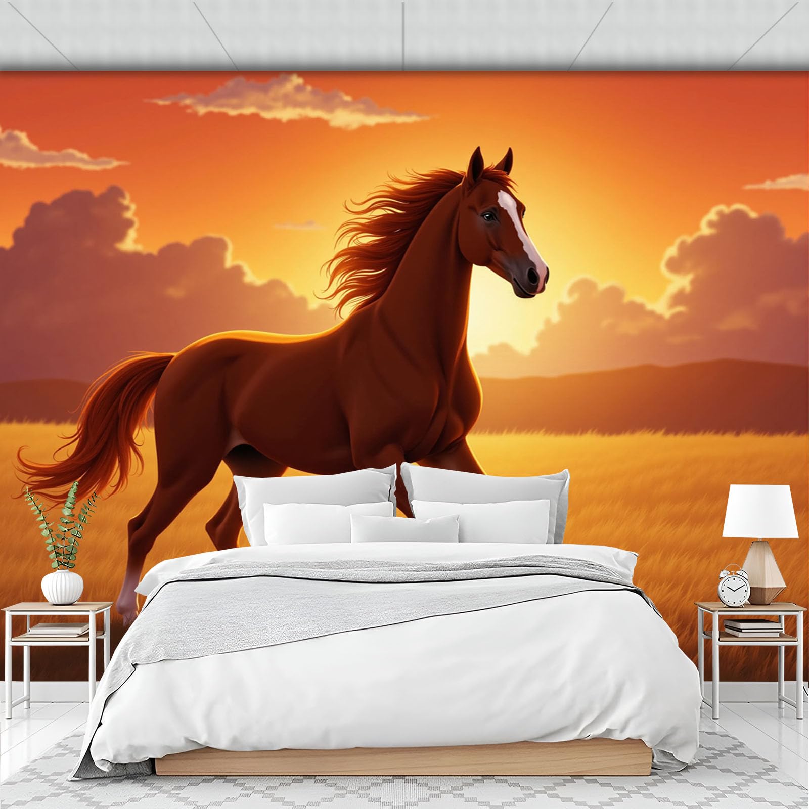 Papier peint panoramique cheval 3D pour agrandir un salon sombre ou habiller un grand mur