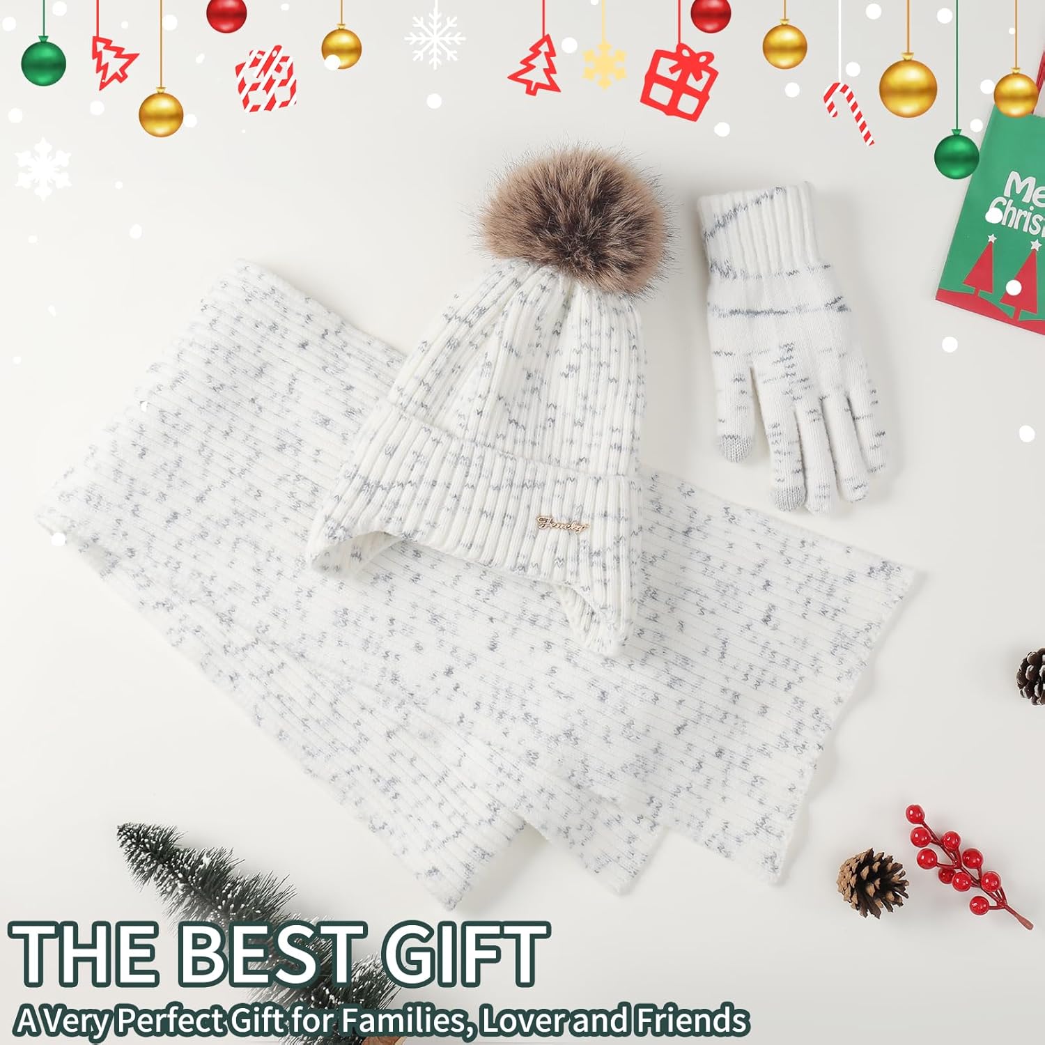 Winter Beanie Hat Scarf Gloves Set for Women, Classic Beanie with Removable Pom Pom Long Scarf Touchscreen Gloves 3 in 1 Set - Image 7