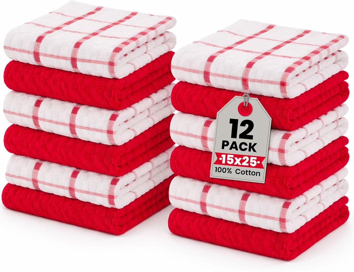Kitchen Towels 12 Pack Premium 100% Cotton Dish Towels for Kitchen (15 x 25 Inches) Super Soft & Absorbent Kitchen Hand Towels for Drying Dishes, Cleaning - Reusable and Washable (Red)