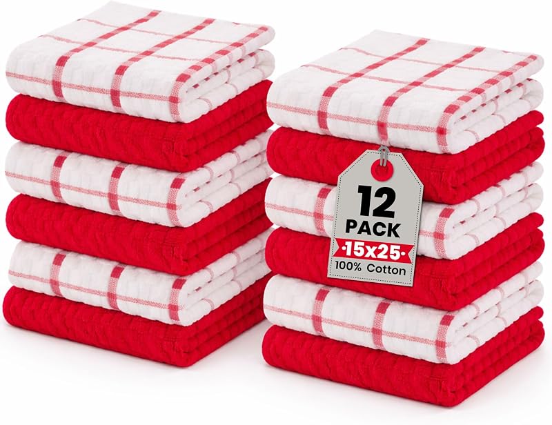 Kitchen Towels 12 Pack Premium 100% Cotton Dish Towels for Kitchen (15 x 25 Inches) Super Soft & Absorbent Kitchen Hand Towels for Drying Dishes, Cleaning - Reusable and Washable (Red)