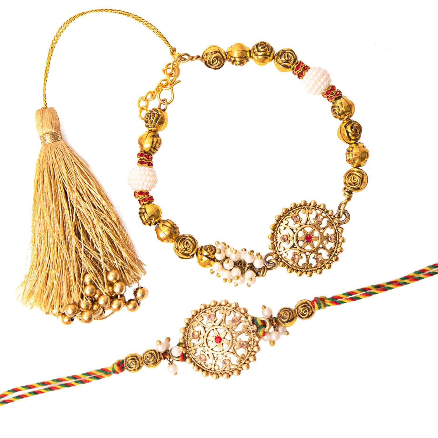 Kaameri Bazaar Raksha Bandhan Antique Pearl Handcrafted Bhaiya Bhabhi Rakhi with Roli Chawal Pack - Set of 2 Rakhis rakhi for brother and bhabhi (B0CZXF28MG) Amazon Price History, Amazon Price Tracker