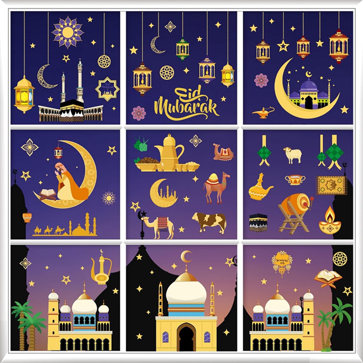 Ramadan Stickers for Window, Window Clings Eid Mubarak Window Stickers Party Supplies Decorations, Happiness Eid Al-fitr Window Decor, Ramadan Kareem Cut-Out Decals for Window(9 Sheets)
