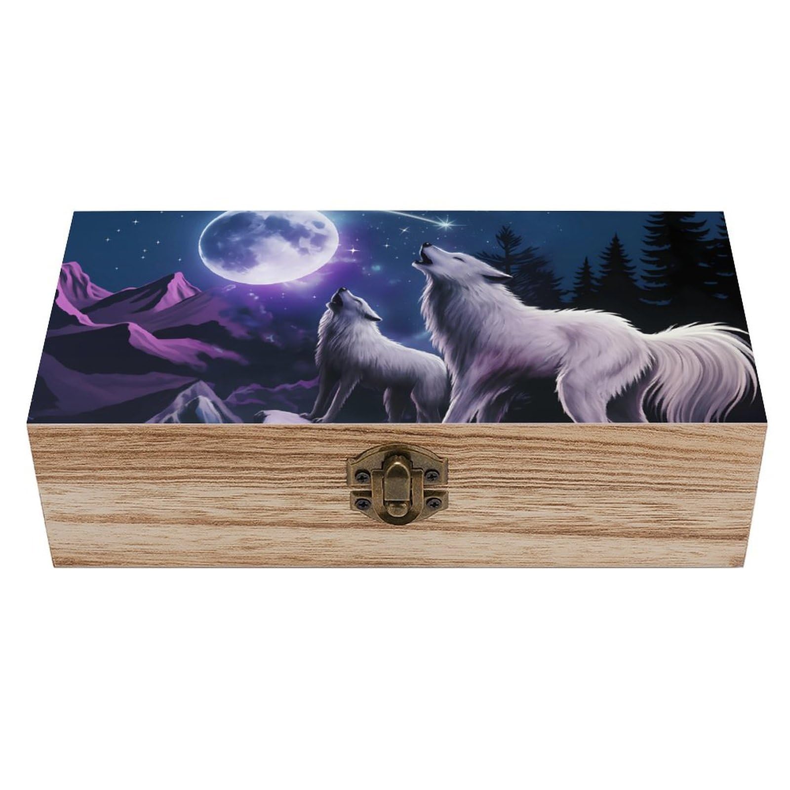 HLBSDM Moonlit Wolves Howling, Mountain, Forest Retro Wooden Storage Box Jewelry Art Gift Boxs Decorative Keepsake Boxes