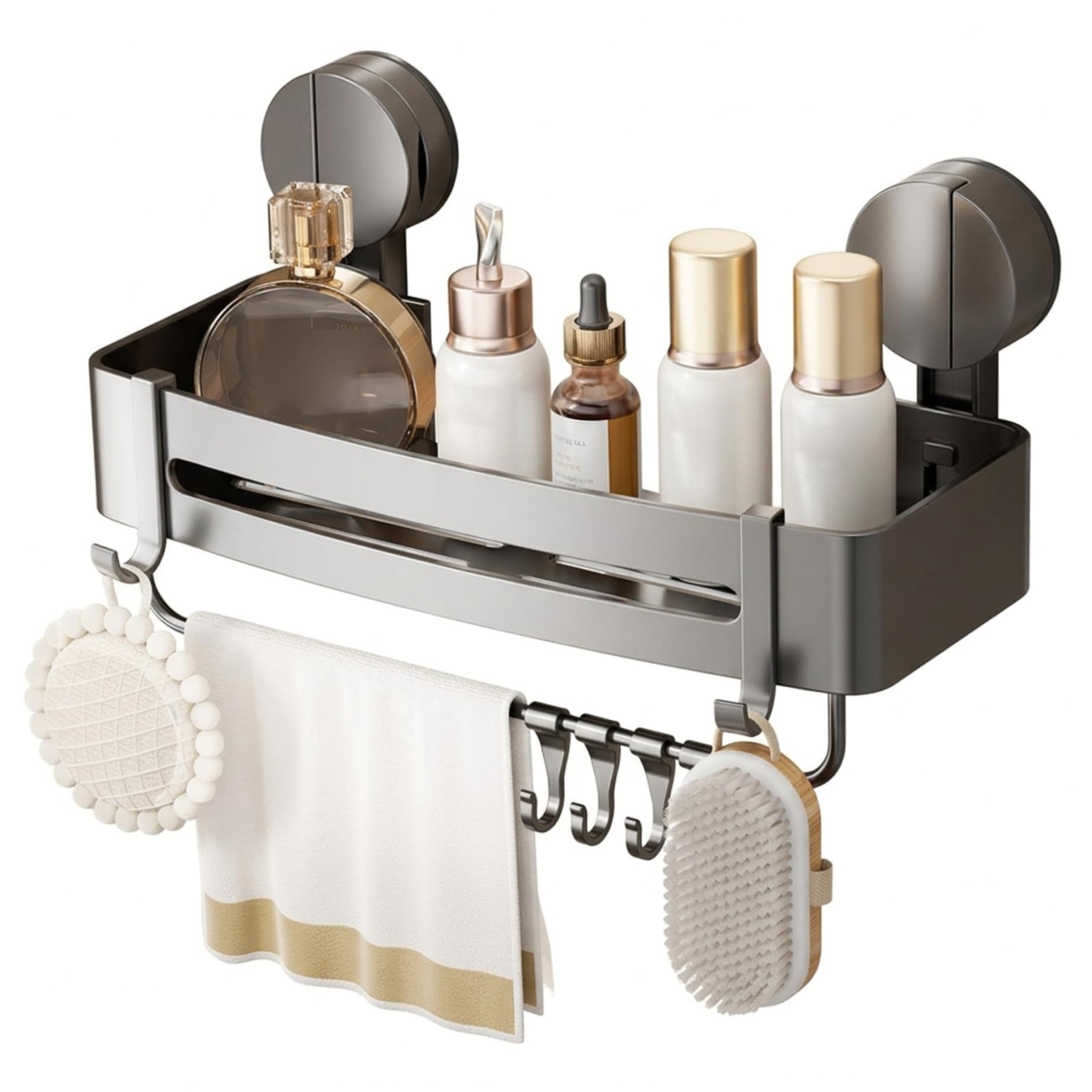FSLXZPKJ 4-Tier Gun Grey Wall-Mounted Shower Caddy with Powerful Suction for Organized Bathroom Storage Light Luxury Appeal