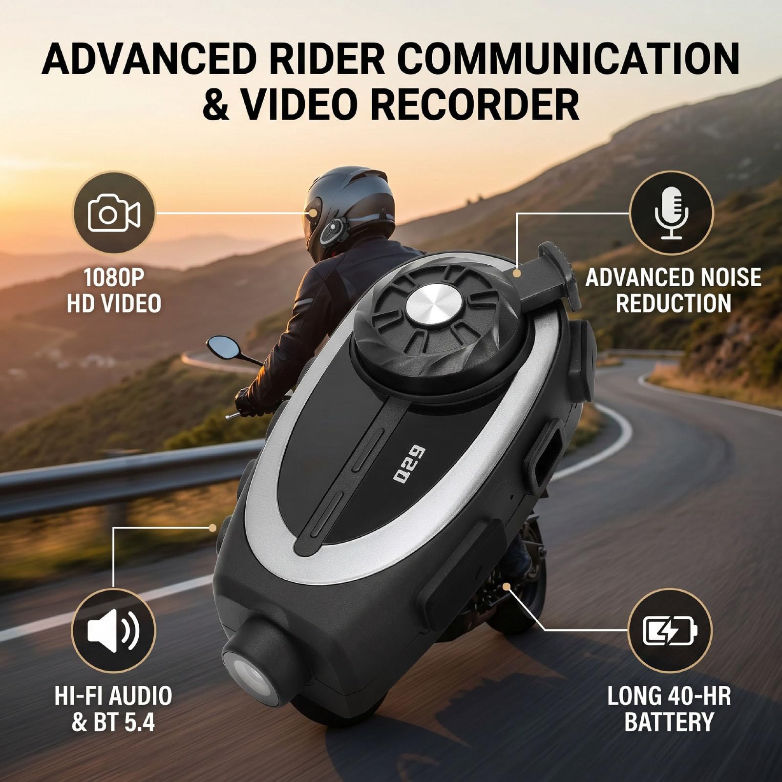 Denash Auricolare Bluetooth per Casco Moto, Altoparlante 40MM Suono HiFi IPX6 Fotocamera Impermeabile 1080P con Doppia Base Fissa, per Tutti i Caschi