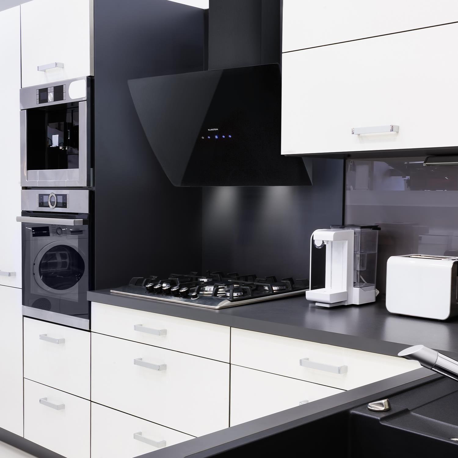 Klarstein Annabelle 60 - Campana extractora de humos, Extractor de pared, Absorción y ventilación, 3 niveles, Absorción de 595 m³/h, Acero inoxidable, Autoapagado, 2 filtros de carbono, Negro