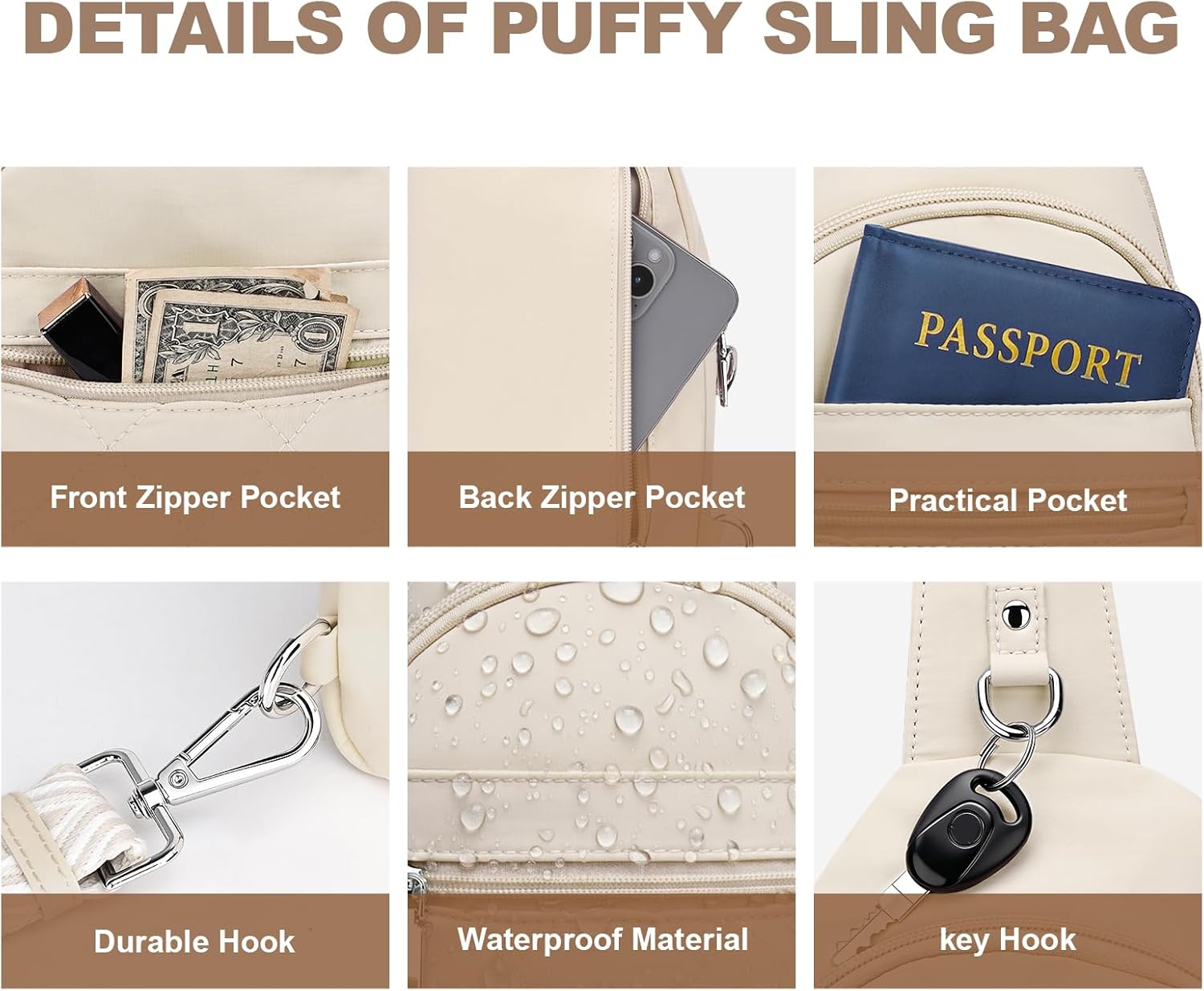 Sling Bag for Women, Anti-Theft RFID Crossbody Bag Nylon Sling Purse for Travel, Puffy Small backpack for Daily Hiking Sports White - Image 9