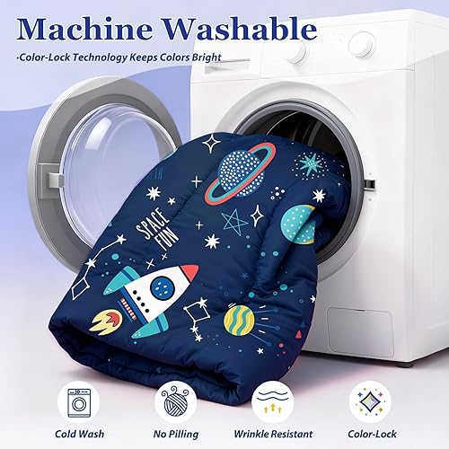 Miniatura 6 de Juego de ropa de cama tamaño matrimonial para niños, juego de edredón de 7 piezas, edredón matrimonial, cohete y galaxia planeta para todas las