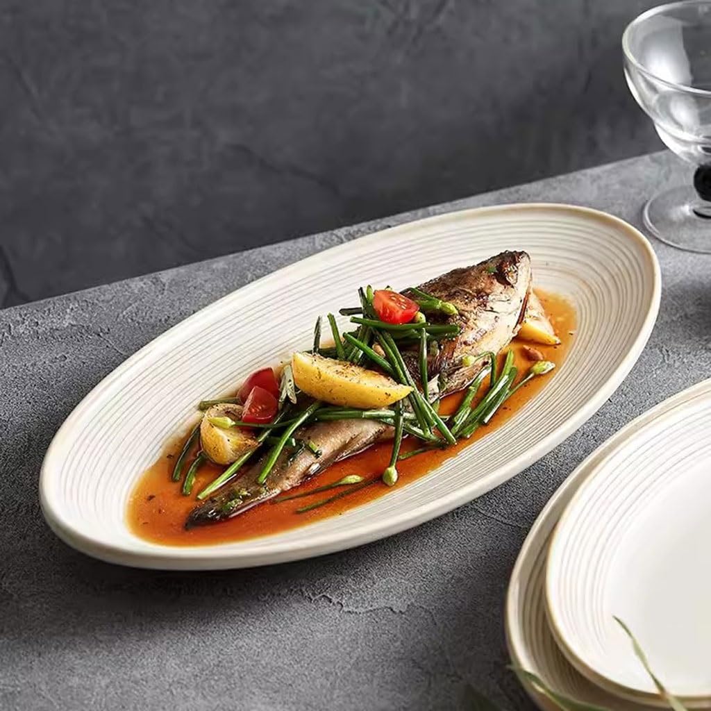 Platos para comer Plato de pescado profundo Plato de pescado al vapor for el hogar Plato grande Tazón Vajilla ligera de lujo Plato resistente a altas temperaturas Plato de cena Platos para la cena(M)