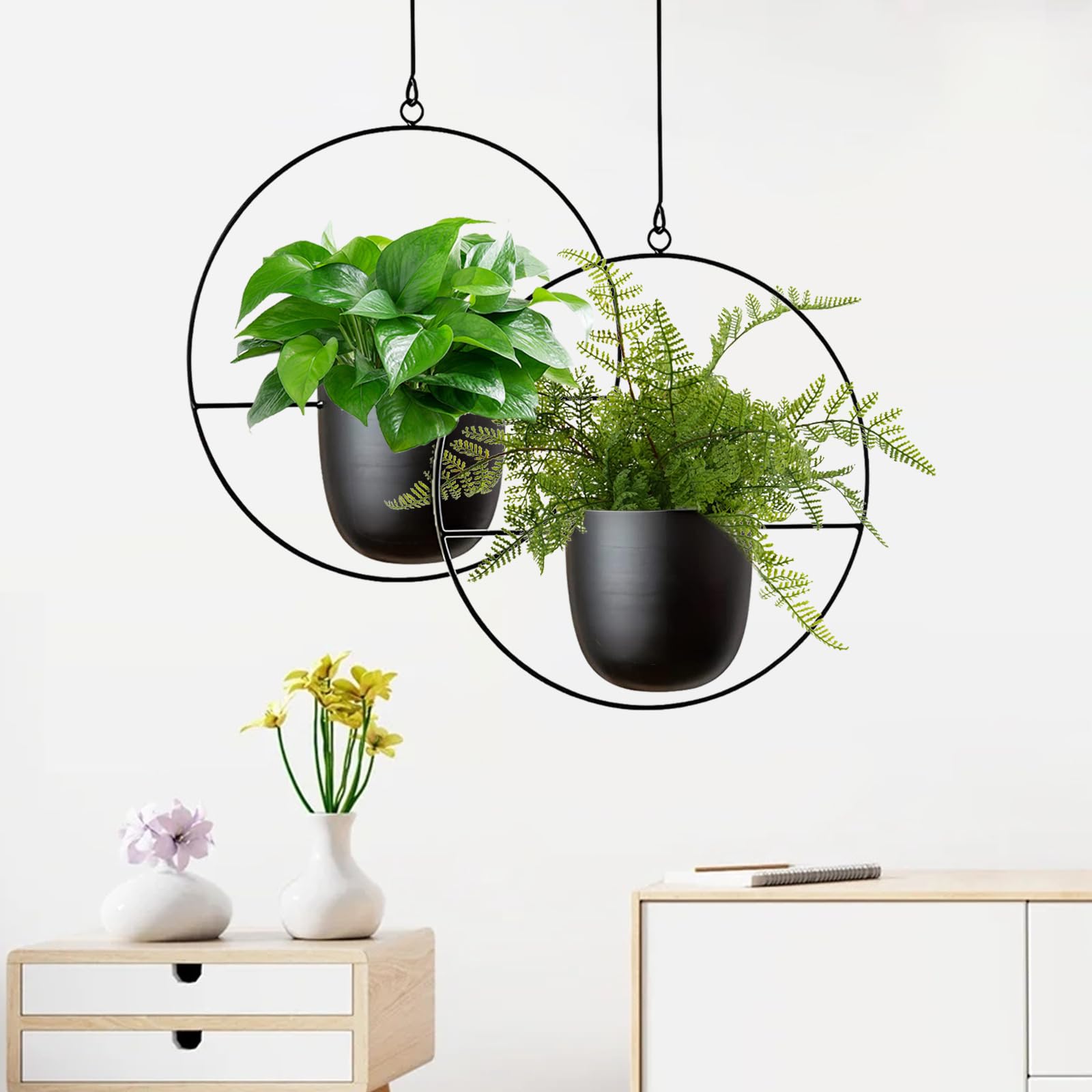 maxant Blumenampel, Hängende Pflanzgefäße, 2 Stück Metall Hängend Blumenampel, Schwarz Decke Hängende Blumentopf, Pflanzen Blumentopf Hängende, für Innen- und Außenbereich, Deko für Zuhause, Büro