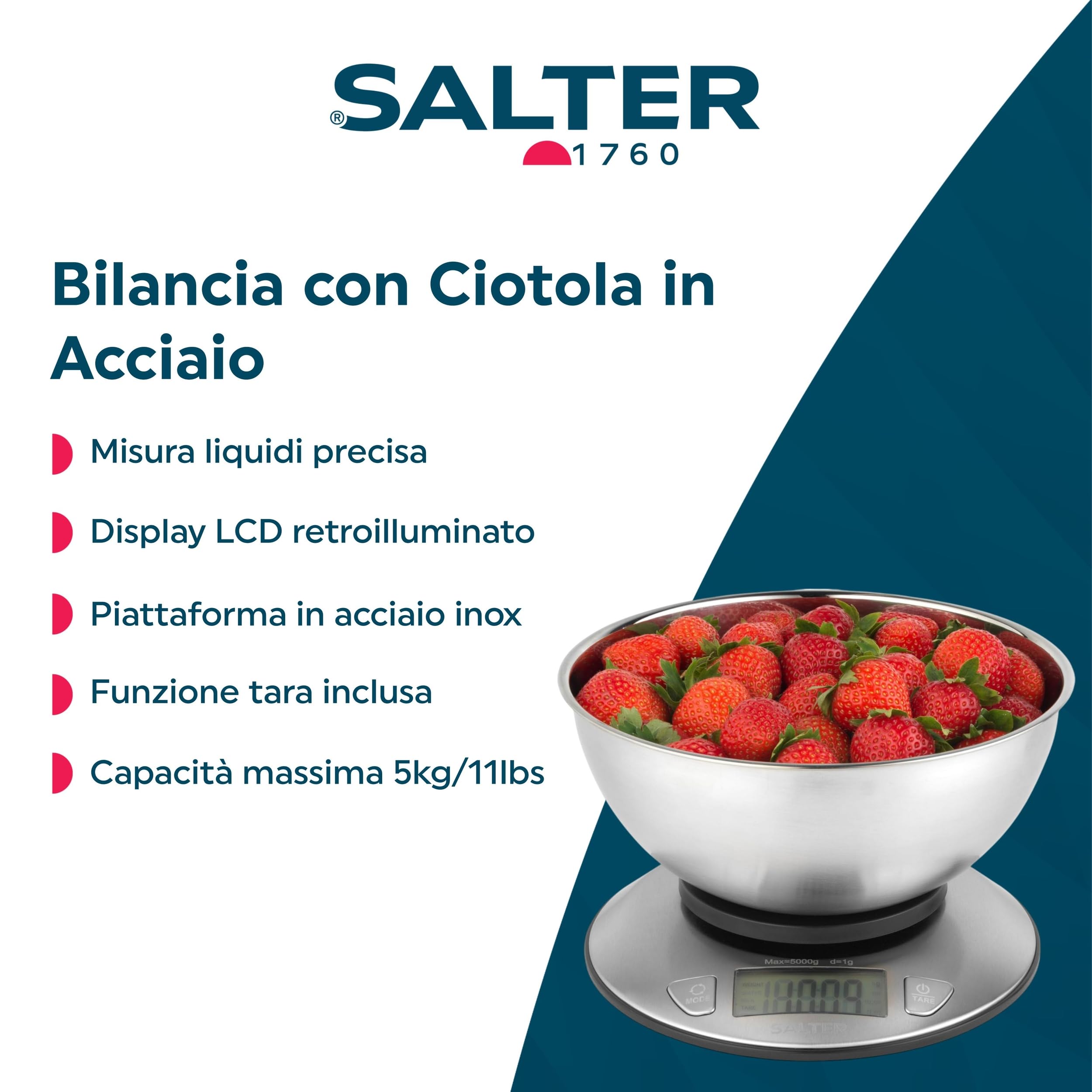 Salter Bilancia da cucina con ciotola 5kg/11lbs acciaio inossidabile LCD doppio uso