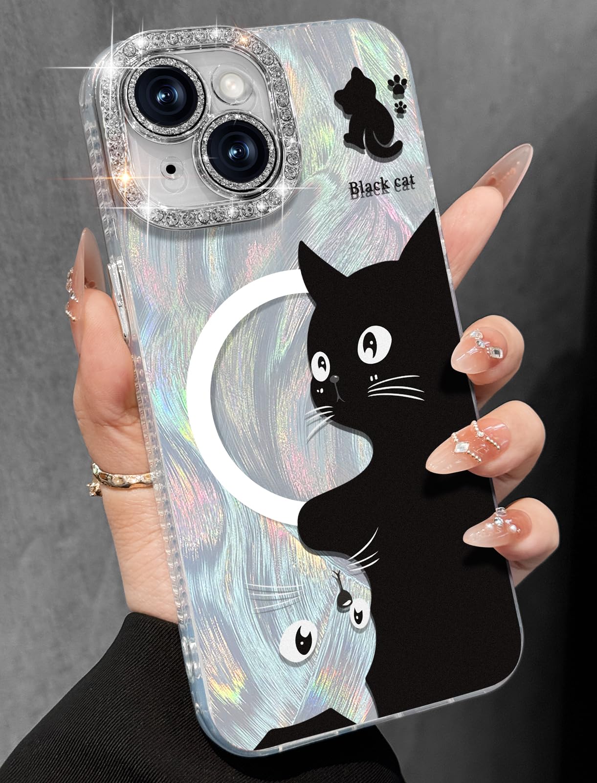 Toycamp for iPhone 15 Plus Case - Compatible with Magsafe Aesthetic Cute Holographic i 15 Plus Case with Diamond Bling Lens Protector for Apple 15+