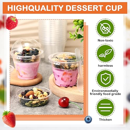 Miniatura 3 de Paquete de 100 tazas de parfait de 9 onzas con inserto y tapas planas, tapas de cúpula de plástico transparente, vasos de postre desechables con