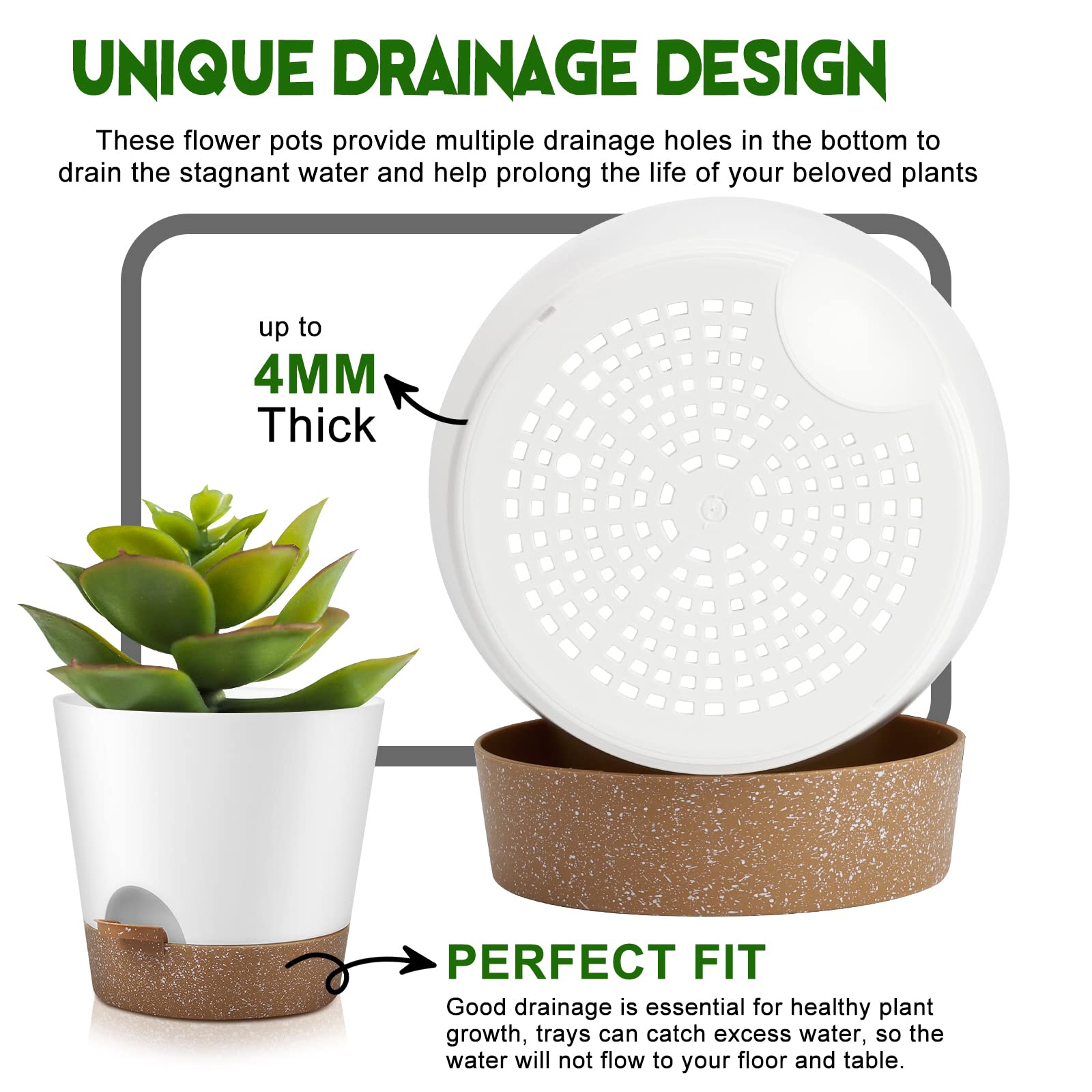 YNNICO Indoor Self Watering Plastic Flower Pots, Planters with Drainage Holes and Saucers, 9,8, 7.5 Inches, Green, 3 Pots (Snow) - Image 3