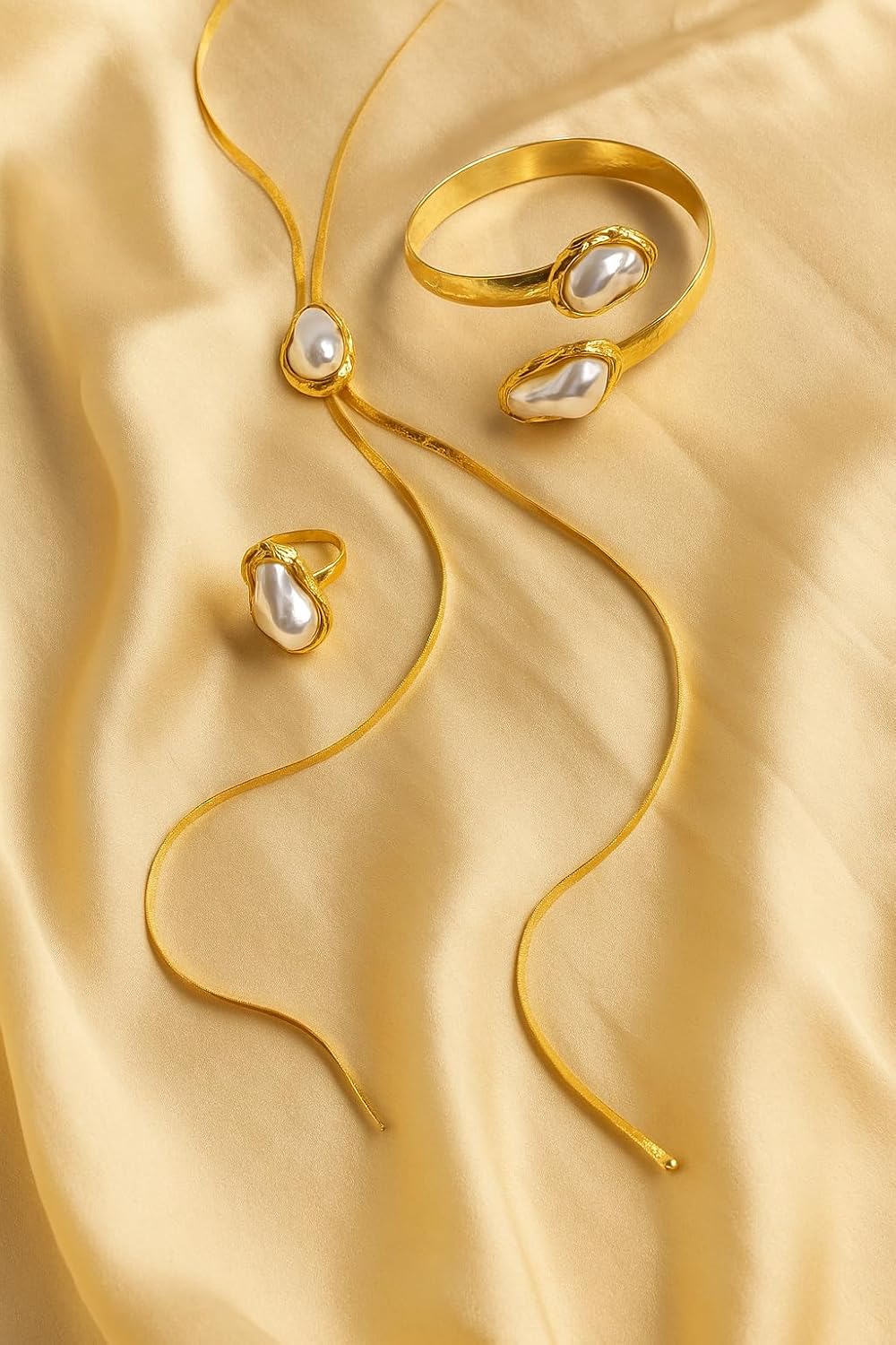 Baroque Pearl Jewelry Set for Women，3PCS Gold Long Herringbone Necklace Bracelet Ring Pearl Set Elegant Vintage Adjustable Trendy Jewelry Gift - Image 2