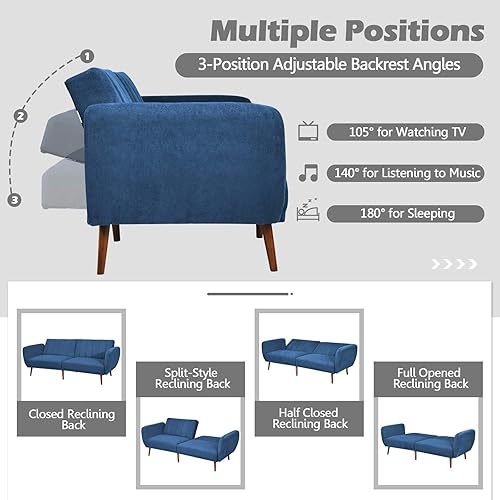 Miniatura 13 de KOMFOTT Sofá cama futón convertible, sofá biplaza de tela de lino moderno con respaldo dividido y ajustable, 6 patas de madera maciza, esponja de